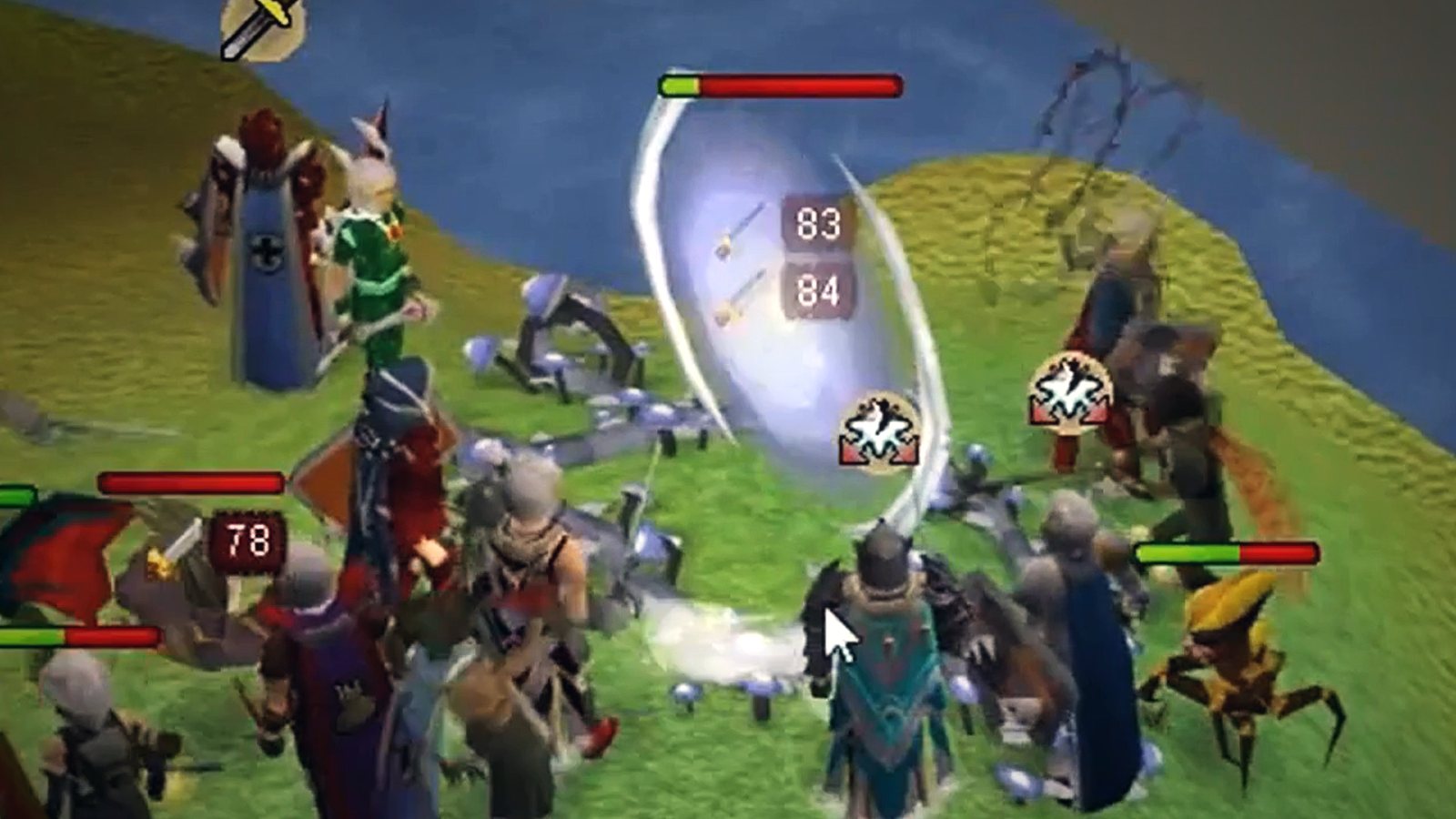 A crowded team fight beside the water