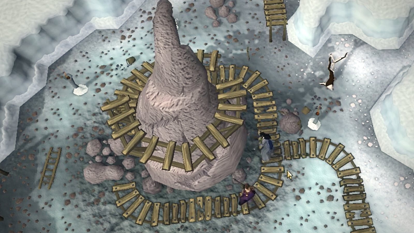 A tower and wooden walkways in the snow