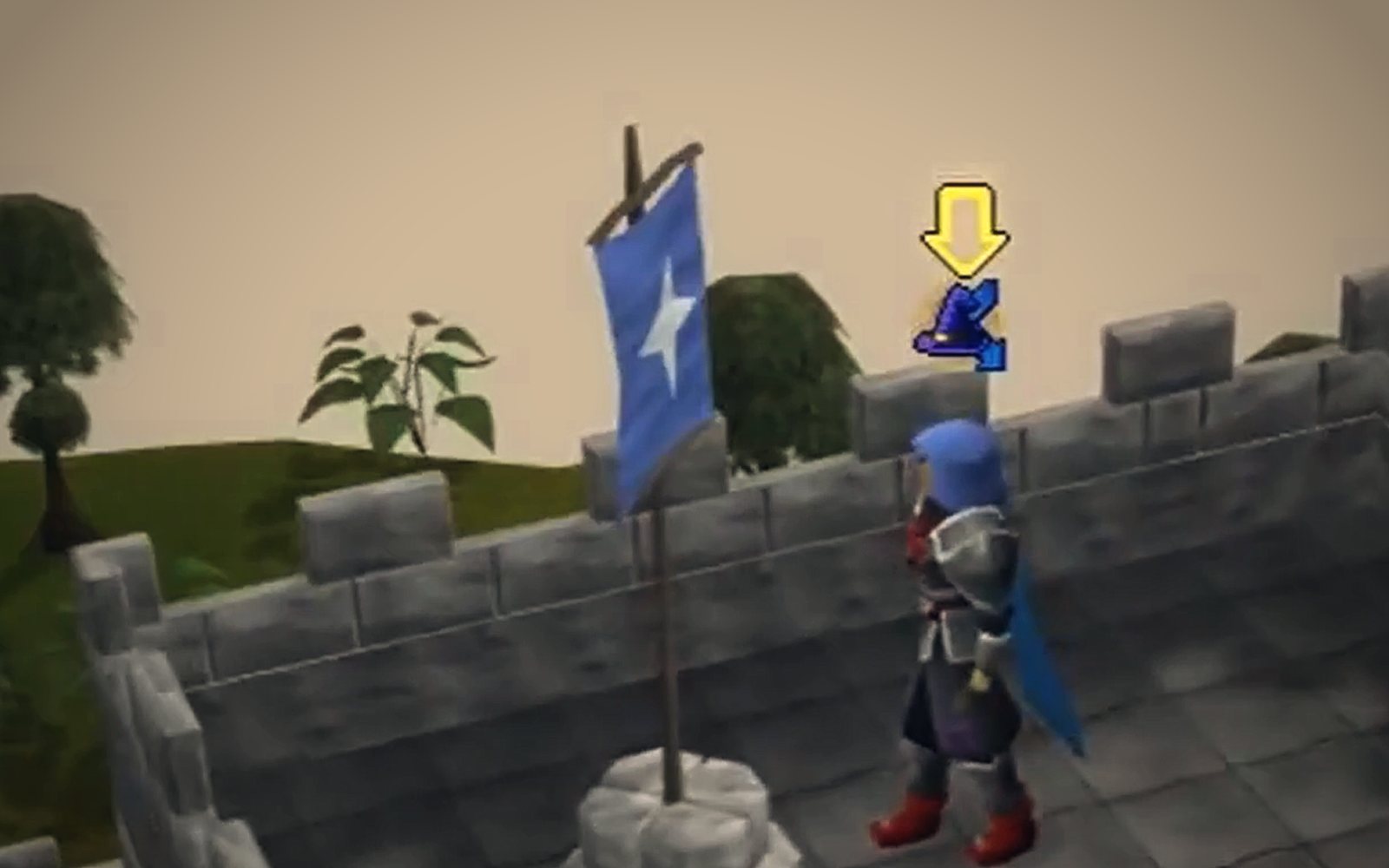 A player on the Castle Wars battlements beside a team flag
