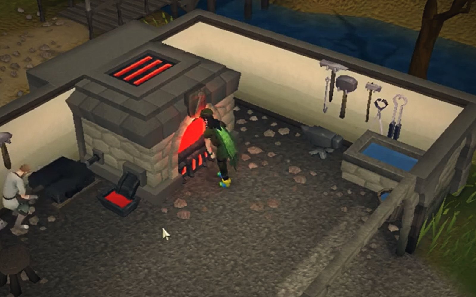 Players smithing at a furnace and anvils